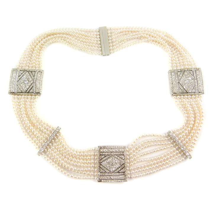 Early 20th century eight row cultured pearl and diamond collar necklace